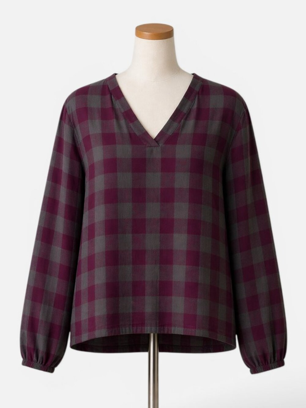 Pact Organic Cotton Plaid V Neck Blouse Purple Gray Check Relaxed Fit Size S